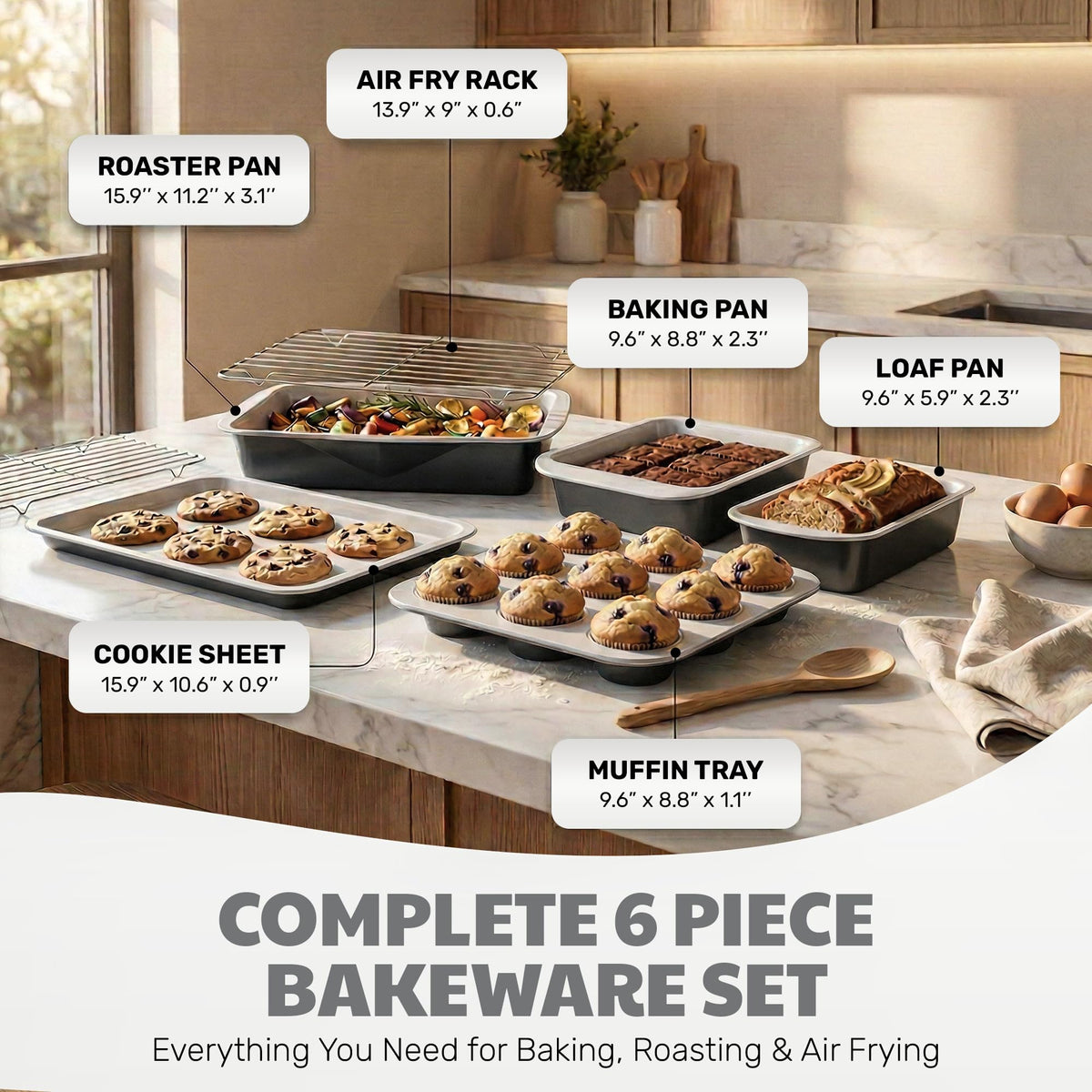 Gotham Steel 6 Pc Stackable Baking Pans Set, 70% Space Saving Design, Ceramic Bakeware Sets Non Toxic Made Without PFOA PFOS, with Cookie Sheet Tray, Cake & Muffin Pans, Oven & Dishwasher Safe