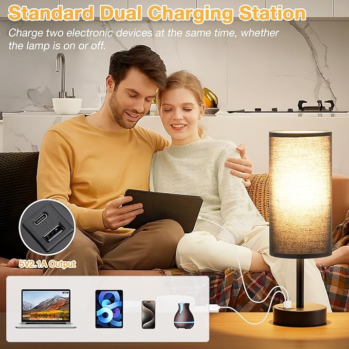 Dicoool Black Touch Bedroom Lamp with USB - 3 Way Dimmable Table Lamp for Bedroom, Nightstand Lamp with Black Charging Station for Desk Dorm, Office, Boy Kids Room, Small