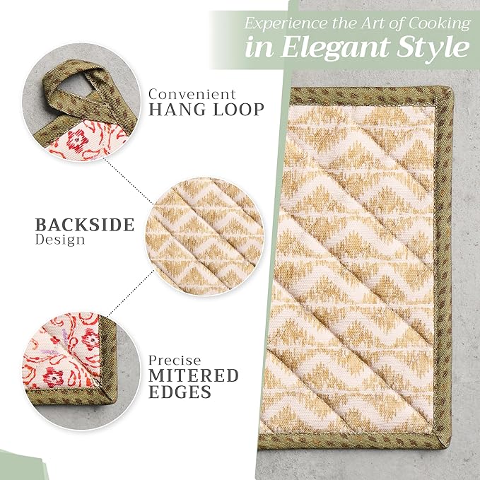 Maison d' Hermine Pot Holders Set 100% Cotton Heat Resistant Potholders 8" x 8" Hot Pads with Loop for Thanksgiving Christmas Decorations BBQ Cooking Baking Handling Hot Pans (Pack of 2, Damask)