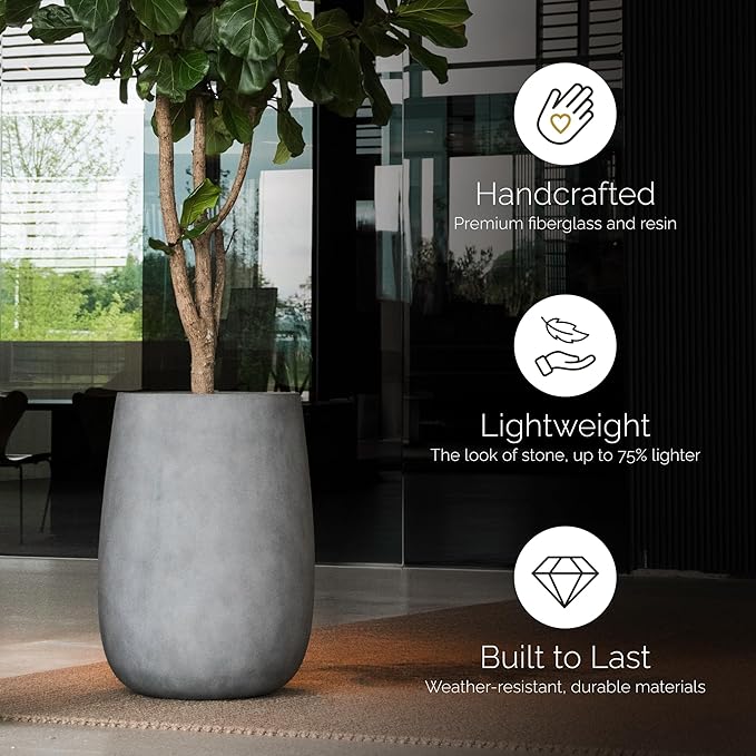 Mondo High Tall Planter – Grey Stone Finish – Fiberglass Indoor/Outdoor and Weather-Resistant Round Planter (17.7" D x 30.9" H Exterior, 16.5" D x 30.7" H Interior)