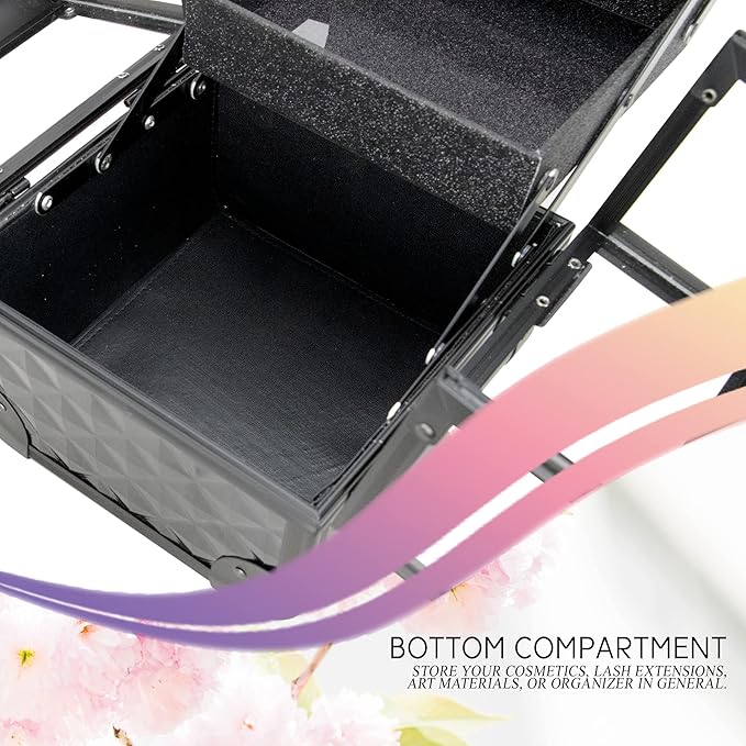 Ver Beauty Makeup Box Cosmetic Train Case with Clear Armored Acrylic Jewelry Organizer with 2 Tiers Trays and Mirror Lockable Portable Travel Cosmetic Display Aluminum Case (Black Diamond)