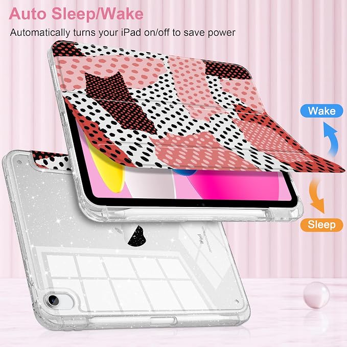 MEEgoodo Case for iPad A16 11th Generation 2025/10th Generation 2022 Glitter Tablet Cases with Transparent Acrylic Back+Trifold Stand +Pencil Holder+Auto Wake/SleepAbstract Sun &amp Palm Tree