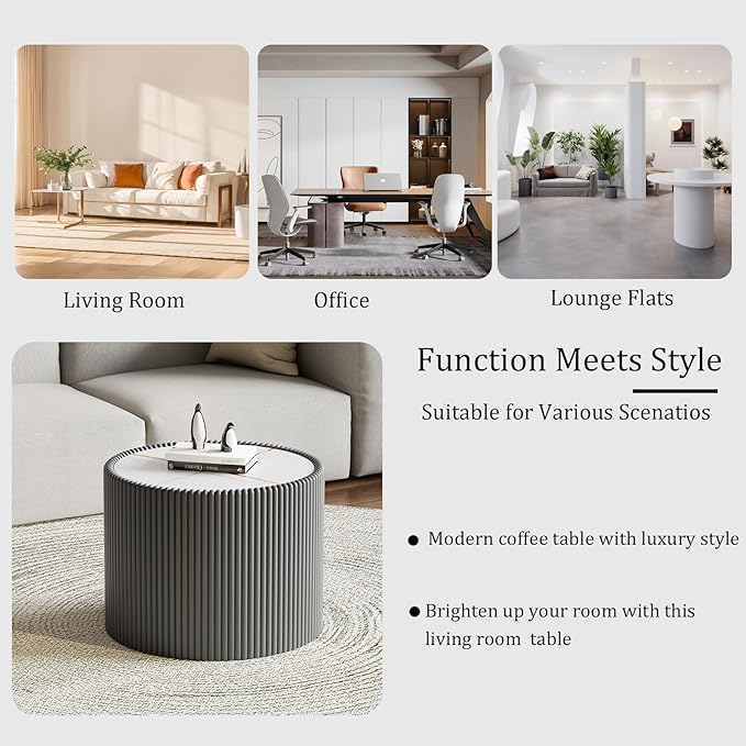 Grey Round Coffee Table with Sintered Stone Tabletop, 17.71" Drum Coffee Table with Fluted PU Leather Covered and Stable Base, Circle Cocktail Tea Table for Living Room