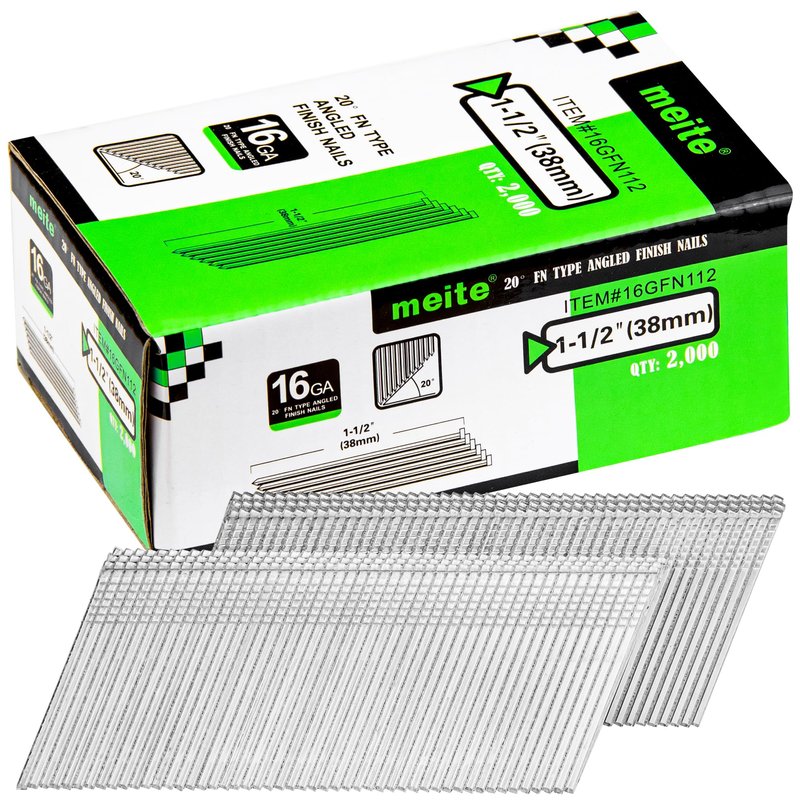 meite 16 Gauge 20 Degree Angled Finish Nails 1-1/2 Inch Galvanized Rust-Proof Finishing Nails for Electric or Pneumatic Finish Nailer - Cabinet Crown Baseboard Trim & Molding (2,000 PCS)