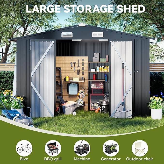 COMHOMA Shed Outdoor Storage Shed Metal,Lockable Doors Tool Sheds with Sloping Roof,Steel Garden Shed with Air Vent for Backyard,Patio,Lawn,Poolside (Grey, 10'*8')