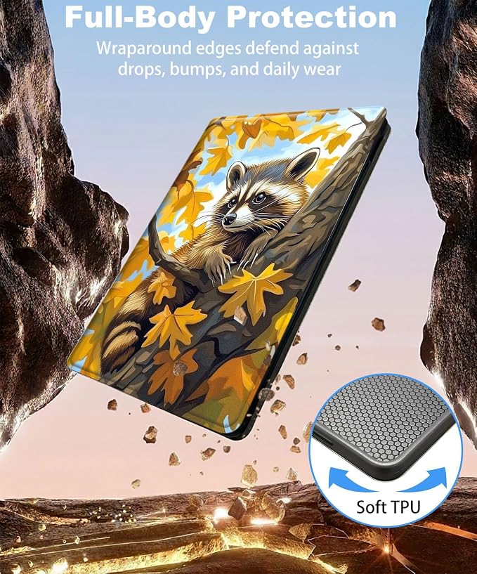 for iPad 11th Generation (A16 2025) 11 / iPad 10th Gen 10.9 2022 Case 360° Rotating PU Leather Stand Cover with Auto Sleep/Wake Shockproof TPU Backl Raccoon Perched