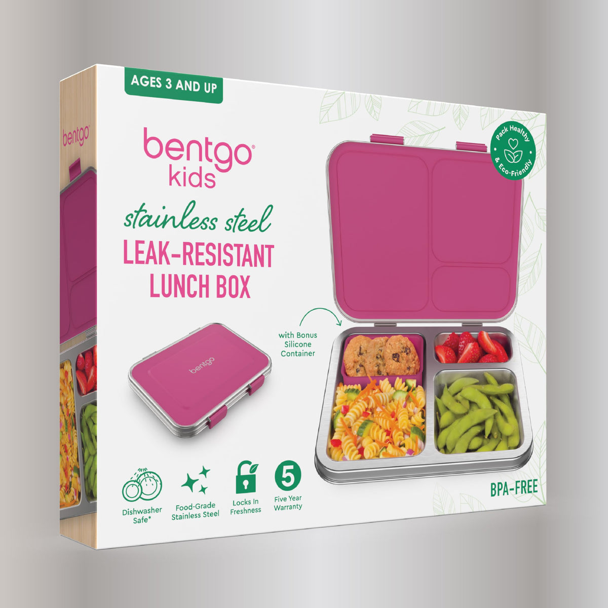 Bentgo Kids Stainless Steel Leak-Resistant Lunch Box - 3-Compartments with Bonus Silicone Container, Durable, Eco-Friendly, Dishwasher Safe, BPA-Free, Ideal for School, Ages 3+ (Fuchsia)
