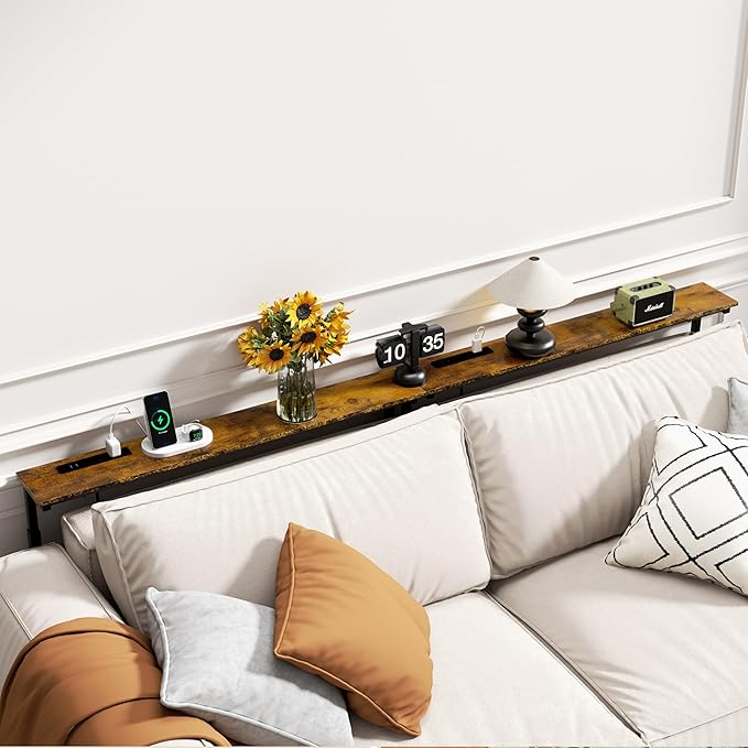 GRLEAF 2 Pack Adjustable Height Narrow Console Table with Power Outlets, 78.7" Long Sofa Table with Charging Station Behind Couch Table Entryway Table for Living Room and Hallway – Rustic Brown