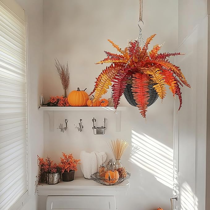 Hollyone Fall Artificial Fern Fall Hanging Baskets Outdoor Indoor Silk Plant Boston Ferns Autumn Potted Plants with Black Rattan Pot for Fake Fern Bush Plant Patio Garden Farmhouse Home Decor Orange