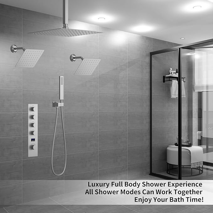 KATAIS Digital Display Shower Fixtures Brushed Nickel Shower System with 12 inch Ceiling Mounted Shower Head and 2 Wall Mounted Shower Head(8 inch), Handheld Shower