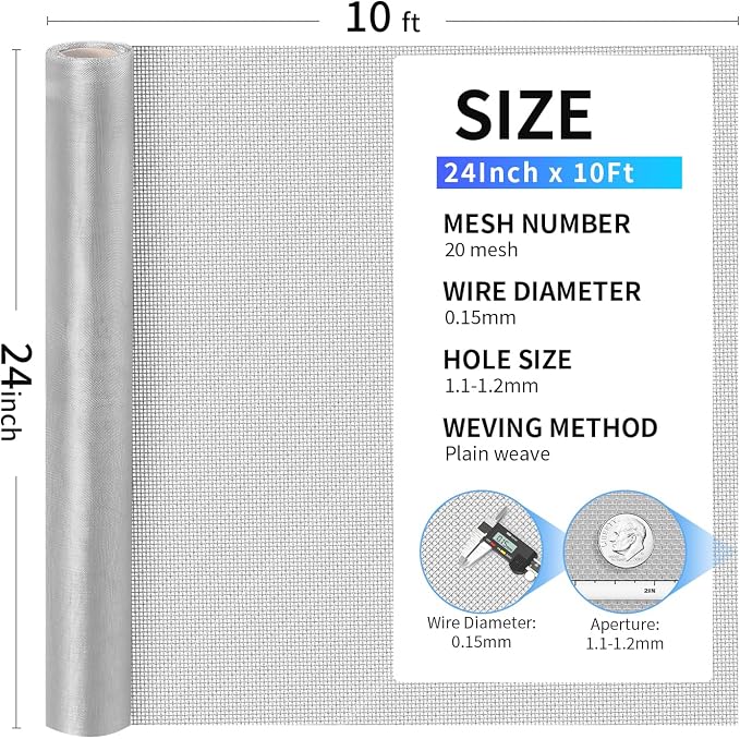 304 Stainless Steel Mesh, 24in x 10ft, 20 Mesh, Sturdy Metal Screen Roll