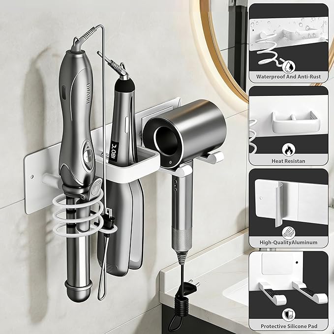 Dovyn Blow Dryer Holder Wall Mount, 3 in 1 Bathroom Hair Tool Organizer with Curling Iron Holder & Flat Iron Holder, Universal Hair Dryer Holder Rack Storage White