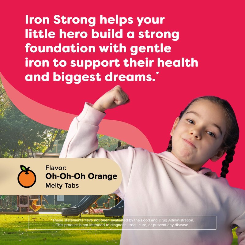Renzo's Iron Supplements for Kids, Dissolvable Vegan Kids Iron Supplement with Vitamin C, Sugar-Free Melty Tabs, Orange Flavor, 90-Count
