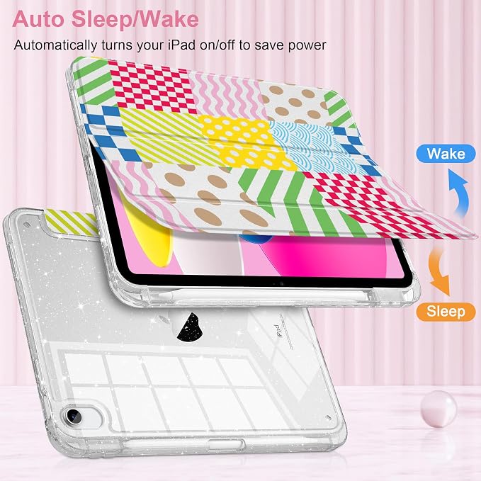 MEEgoodo Case for iPad A16 11th Generation 2025/10th Generation 2022 Glitter Tablet Cases with Transparent Acrylic Back+Trifold Stand +Pencil Holder+Auto Wake/SleepAbstract Sun &amp Palm Tree