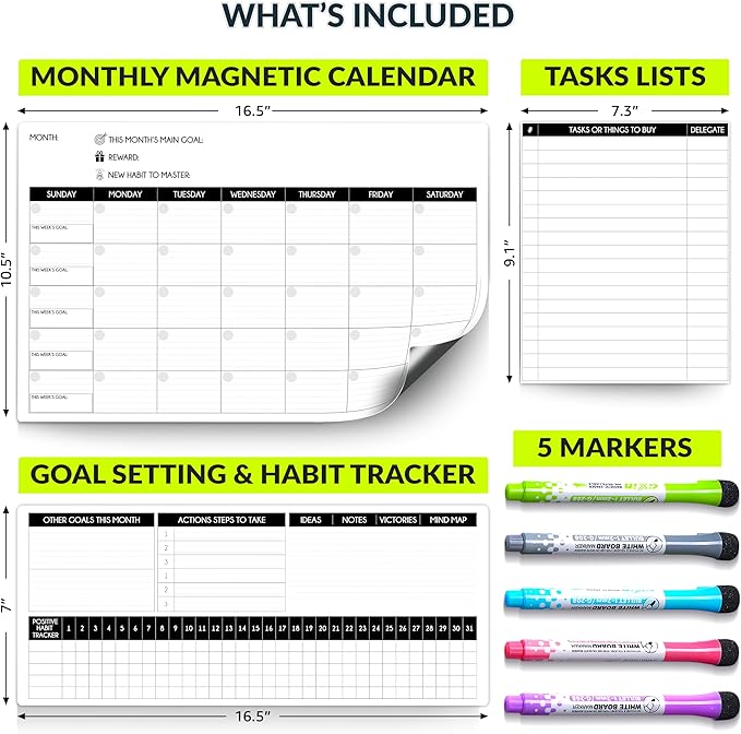Magnetic Calendar for Refrigerator – 17"x10.5" & 17"x7" + 8"x10" Monthly Fridge Calendar Magnet - Monday Start | Dry Erase Whiteboard Family Planner & Schedule Board | Include 5 Markers & Eraser