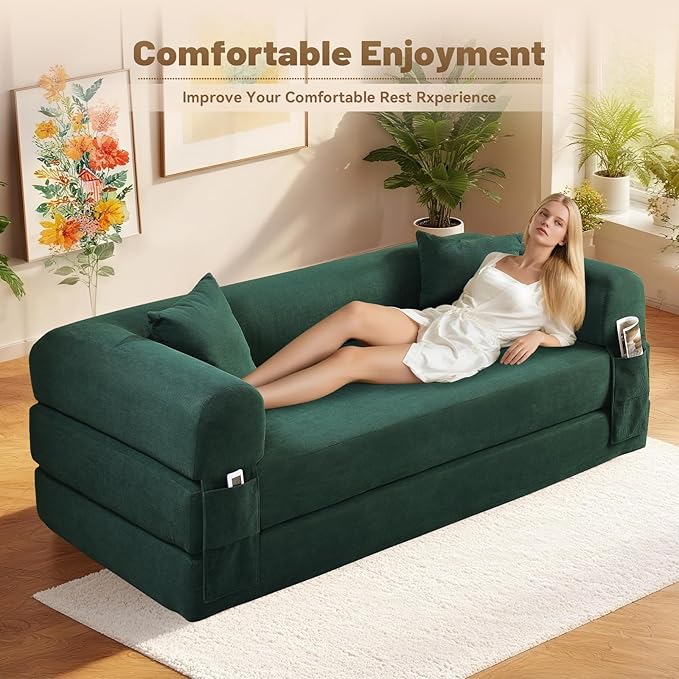 Convertible Folding Sofa Bed,80" Pull Out Couch with Pillows & Storage Pocket,Modular Futon Bed Corduroy Queen Sleeper Sofa in a Box,Compression Boneless Couch for Living Room,Deep Green