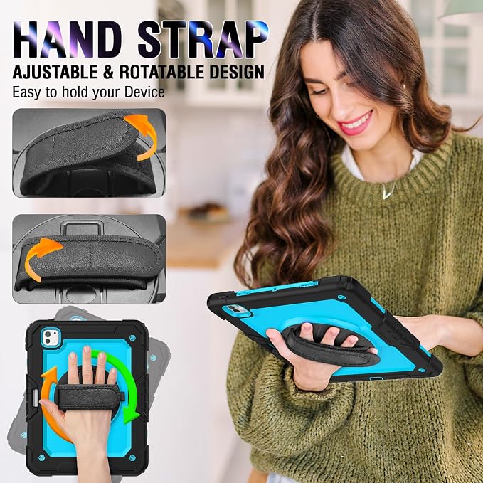 iPad Pro 11 Inch Case 2024 with Screen Protector Pen Holder | iPad Pro 11 5th Generation Case | Three Layer Shockproof Defender Protective Cover W/Stand Hand Strap for iPad A2836/A2837 | Black