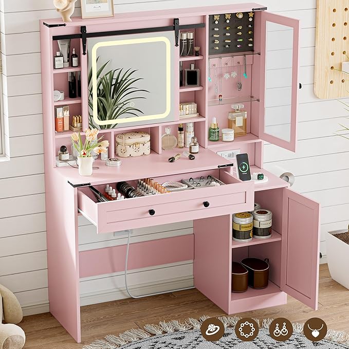 Pink Vanity Desk with Mirror and Lights, Farmhouse Makeup Vanity Desk with Lighted Mirror & Power Outlet, RGB Glass Cabinet, Makeup Dressing Table with 3 Lighting Modes for Bedroom