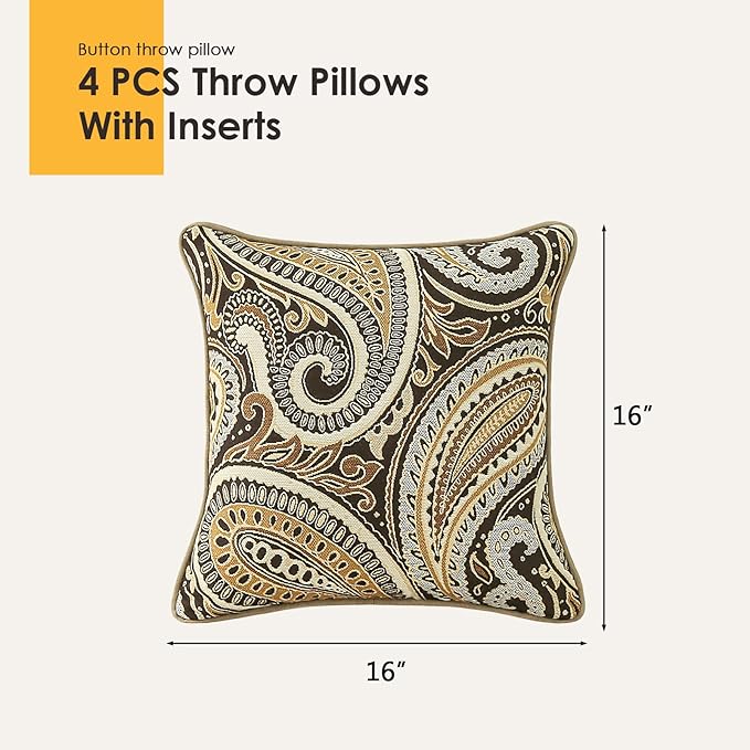 Outdoor Sunbrella Decorative Pillows Pack of 4, 16" x 16" Outdoor Pillow Set for Couch Bed Throw Patio Sofa, Royce Walnut