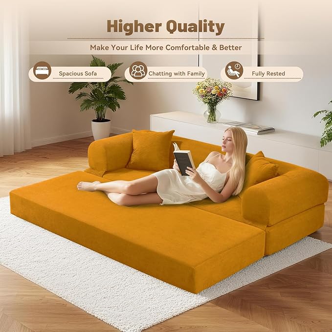 80" Convertible Sofa Bed,Folding Pull Out Couch with Pillows & Storage Pocket,Modular Corduroy Queen Sleeper Sofa in a Box,No Assembly Boneless Couch for Living Room,Yellow