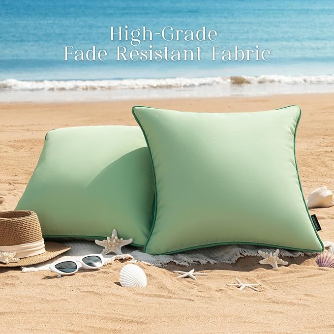 Phantoscope Pack of 2 Outdoor Waterproof Throw Pillow Covers with Contrast Piping, Decorative Square Cushion Case Patio Pillows for Couch Tent Sunbrella, Sage Green 12x20 inches