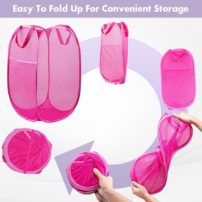 DUCOO Pop Up Hamper, 1 PCS Mesh Pop Up Laundry Hamper, Foldable Mesh Laundry Basket with Space-Saving Design for Home, Dorm, Travel & Storage - Pink