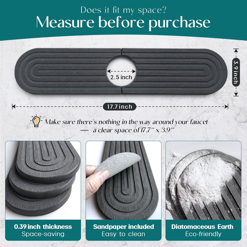 Dreatim Kitchen Faucet Absorbent Mat - Diatomite Stone Sink Tray, Quick Drying, Modern Design - Durable Faucet Drip Mat for Kitchen Sink and Bathroom Counter [17.7" x 3.9", Dark Grey]