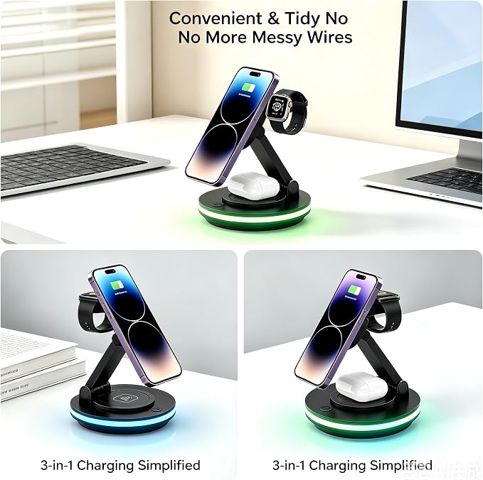 4-in-1 Foldable &amp rotatable Wireless Charging Station with 15W Fast Charging. Compatible with iPhone 12-17 Apple Watch and AirPods Series.