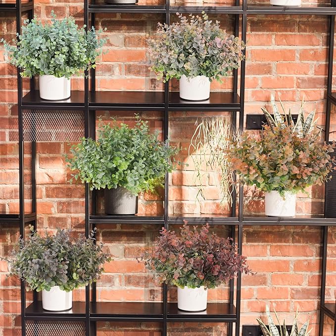 RECUTMS 12 Bundles Artificial Bushes Greenery Plants Stems Faux Shrubs Boxwood Plants Outdoor UV Resistant Fake Eucalyptus for Farmhouse Home Wedding Patio Backyard Indoor Outdoor Decor(Dusty Blue)