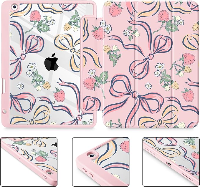Case for iPad 9th/8th/7th Generation 10.2-Inch (2021/2020/2019 Release) with [Built-in Pencil Holder] Shockproof Cover with Clear Transparent Back Shell &amp Auto Wake/Sleep - Blue Bows