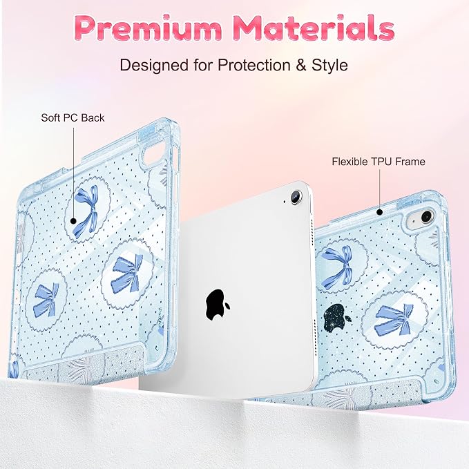 for iPad Air 11 inch M4/M3/M2 (2026/2025/2024) iPad Air 5th/4th Gen (2022/2020) 10.9 inch with Pencil Holder Glitter Clear Pretevtive Cover Auto Wake/Sleep Black Cartoon Stickers