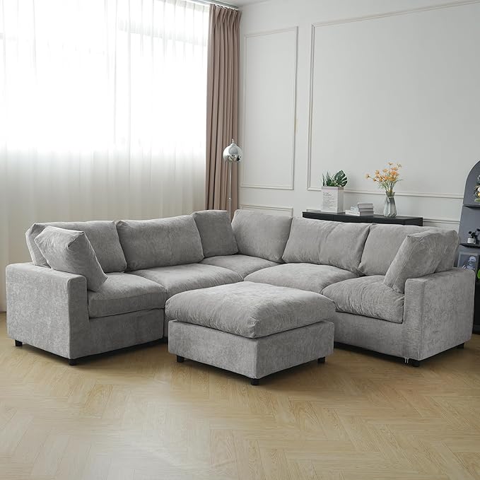JACH V Shape Sectional Couches with Chaise Ottoman, Convertible Modular Sofa, Cloud Sectional Couch, Sofa Covers Washable, Minimalist Couch for Living Room, Apartment, Light Grey