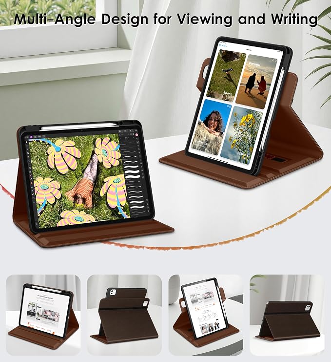 DTTO for iPad Pro 13 Inch Case M5 / M4 (2025/2024) Brown | 360 Degree Rotating Premium Faux Leather Folio Stand Cover with Pencil Holder Auto Sleep/Wake Multiple Angles