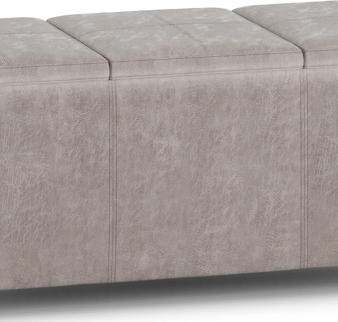 SIMPLIHOME Avalon Storage Ottoman - 42 inch Wide Upholstered Vegan Leather Rectangular Flip-Top Ottoman in Distressed Grey Taupe, Contemporary Coffee Table Ottoman for Living Room with Hidden Storage