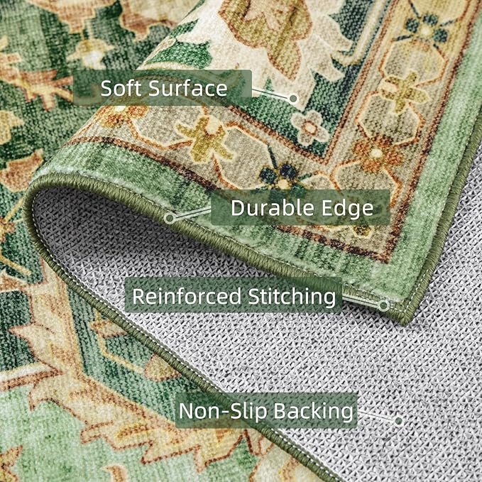 Deerly Green Rug 8x10 Area Rug for Living Room Bedroom Washable Rugs Large Boho 8x10 Rug for Dining Room Carpet Non-Slip Distressed Carpet Rugs Print Floor(Border Green)