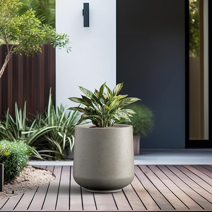 Kante 15.3" Dia Round Concrete Planter, Outdoor Indoor Large Plant Pots Containers with Drainage Hole and Rubber Plug for Home Garden Patio, Buff Concrete