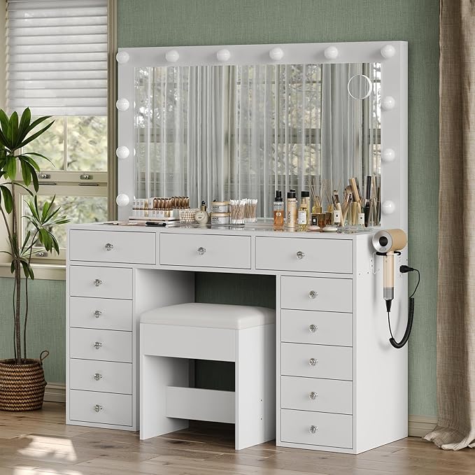 Makeup Vanity with Charging Station, 13 Drawers Vanity Desk with 12 LED Bulbs and HD Mirror, 3 Color Brightness Adjustable, Glass Top, Vanity Set for Bedroom (White)