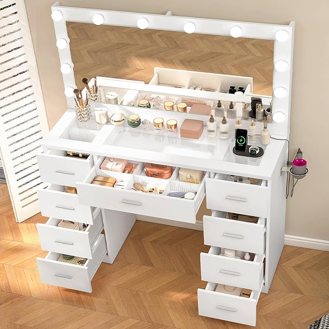 Quimoo Vanity Desk with Large Lighted Mirror and Power Outlet, 46" Makeup Vanity with 9 Drawers and Glass Desktop, Vanity Table with 12 LED Lights, 3 Lighting Color Adjustable, White