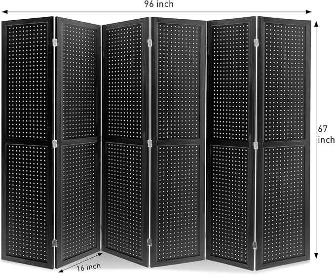 ECOMEX 6 Panel Room Divider, 5.6Ft Pegboard Display Wooden Room Divider Folding Privacy Screen Room Divider Freestanding Peg Board Display for Trade Show Craft Show Home Wall Organizer, Classic Black