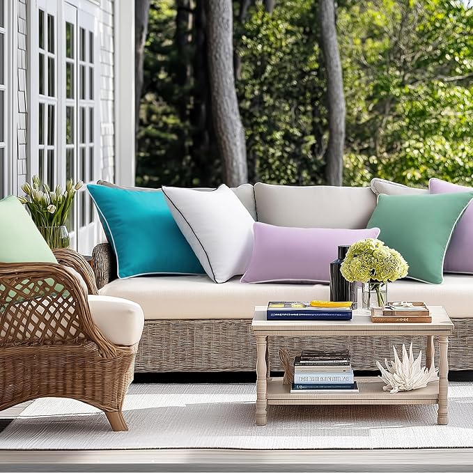 Phantoscope Pack of 2 Outdoor Waterproof Throw Pillow Covers with Contrast Piping, Decorative Square Cushion Case Patio Pillows for Couch Tent Sunbrella, Sage Green 20x20 inches