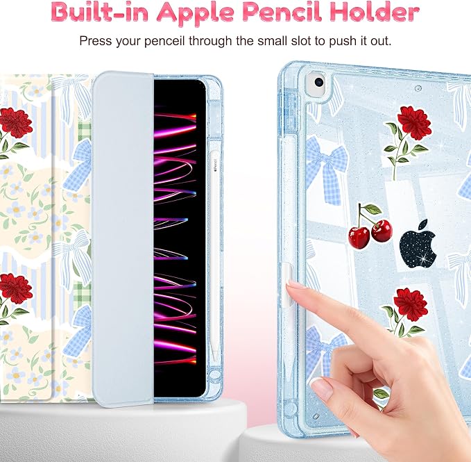 Mektron Sparkly Case for iPad 10.2 inch Glitter Tablet Cases for iPad 9th Gen 2021/8th Gen 2020/7th Gen 2019 Cover with Shiny Clear Back Shell Foldable Bling Smart Cover Blue Floral