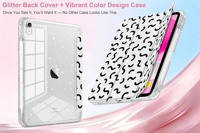 MEEgoodo Case for iPad A16 11th Generation 2025/10th Generation 2022 Glitter Tablet Cases with Transparent Acrylic Back+Trifold Stand +Pencil Holder+Auto Wake/SleepAbstract Sun &amp Palm Tree
