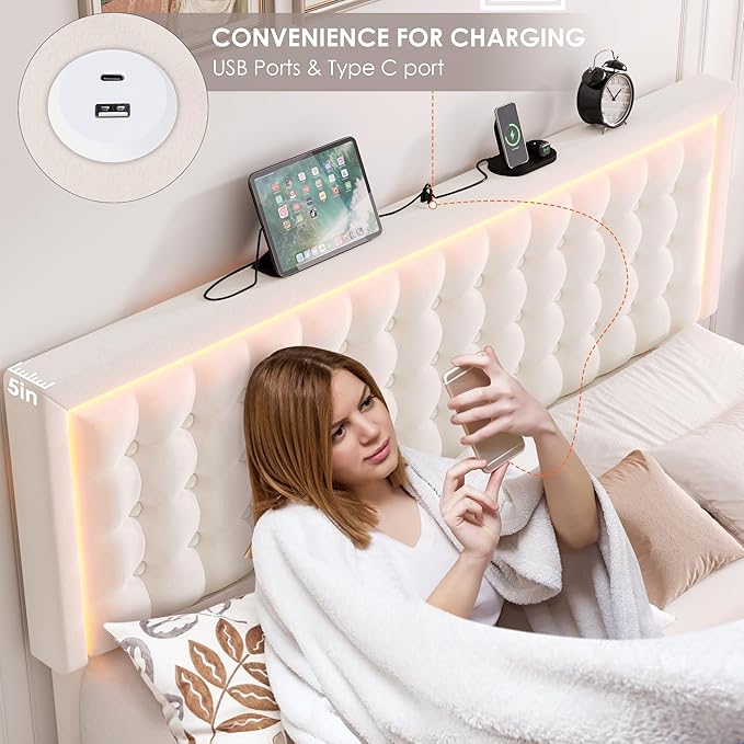 HIFIT Upholstered King Size LED Bed Frame with Charging Station and 4 Large Storage Drawer, Velvet Button Tufted King Platform Bed with Adjustable Headboard, No Box Spring Needed, Easy Assembly, Beige