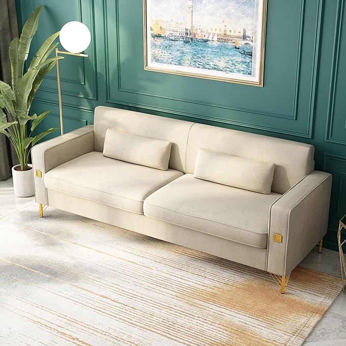 2PCS 85.63" Beige Velvet Sofa,Modern Loveseat Couch with Pillows Set of 2 for Living Room,Bedroom,Apartment Furniture with Gold Metal Legs