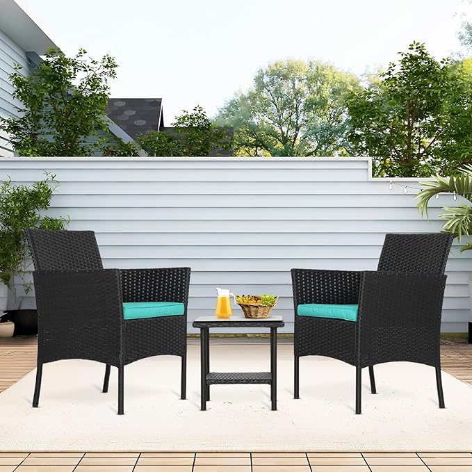 FDW 3 Piece Outdoor Furniture Set Patio Wicker Chairs Furniture Bistro Conversation Set 2 Rattan Chairs with Blue Cushions and Glass Coffee Table for Porch Lawn Garden Balcony Backyard