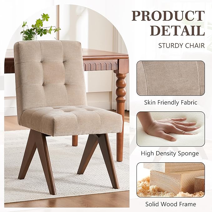 Rowill Modern Upholstered Dining Chairs Parsons Chair Linen Fabric Kitchen Chairs Tufted Armless Dining Room Chairs with Wood Legs Set of 6, Khaki