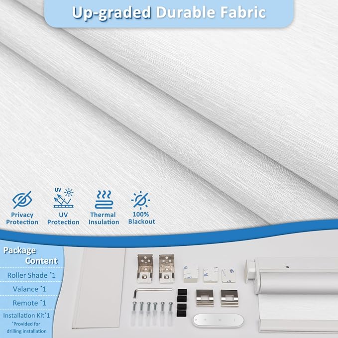 MANSNIX Smart Motorized Blinds with Remote, Cordless No-Drill Automatic Roller Shades, Blackout Electric Blind for Windows, White, 29.5 x 72