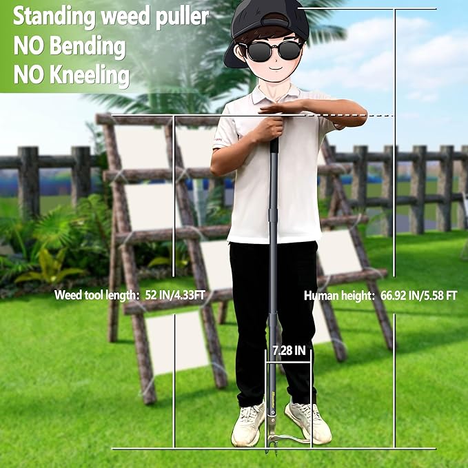 Weeder, 52" Long Metal Handle Weed Puller Tool with 4 Stainless Steel Claw, Weeding Tool for Lawn and Garden, Easily Remove Weeds Without Bending, Pulling, or Kneeling.