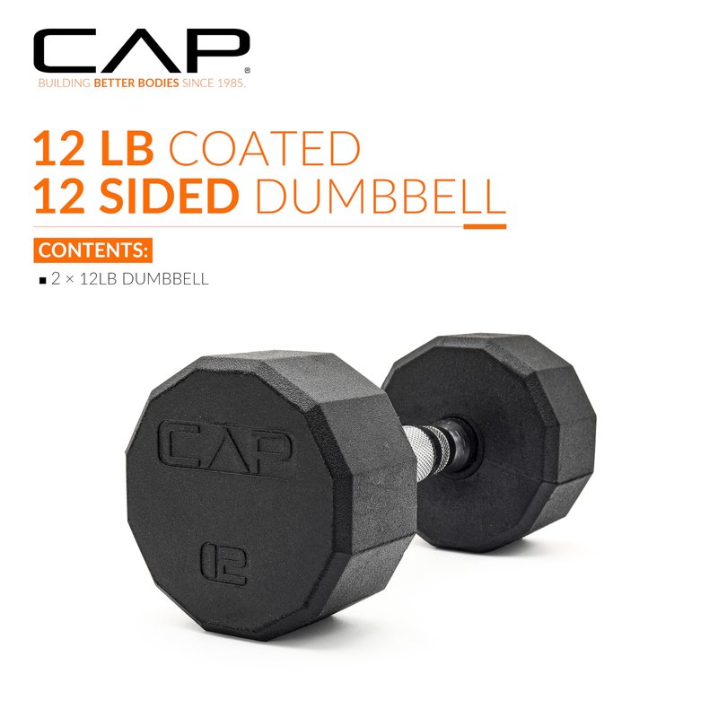 CAP 12 LB 12-Sided Rubber Coated Dumbbell Weight, Rubber Hand Weights for Home Gym Strength Training, Chrome Handle, Pair