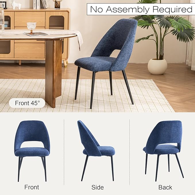 Rowill Boucle Dining Chairs Set of 2, Morden Upholstered Dining Room Kitchen Chairs with Metal Legs for Living Room, Bedroom, Restaurant, Blue